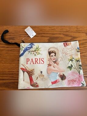 Paris Printed Cosmetic Pouch - Cream with Red Accents